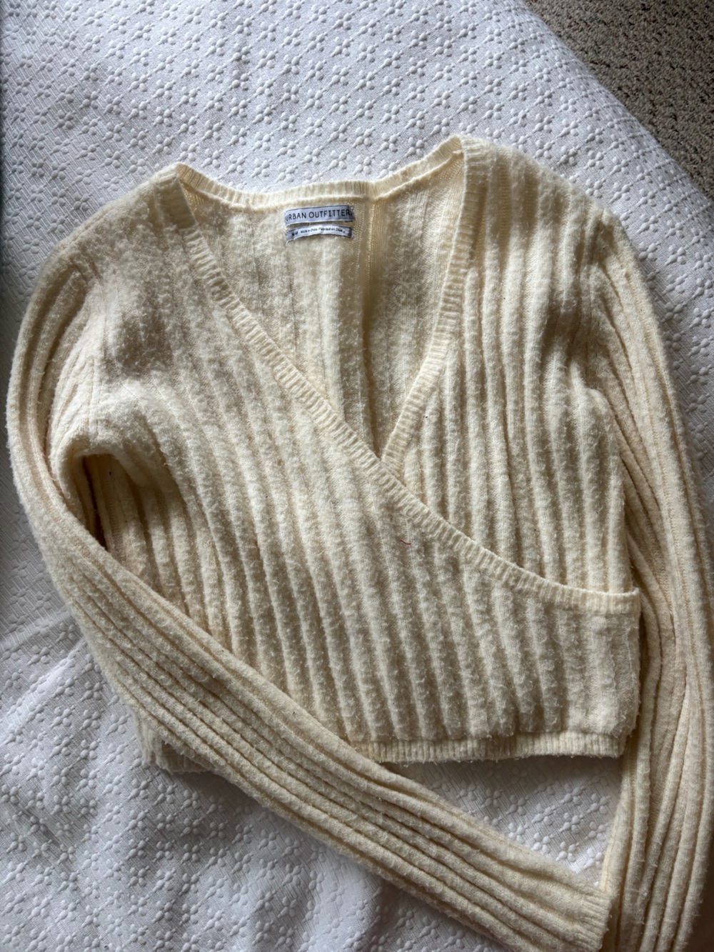 Urban Outfitters Soft Cream Ribbed Wrap V-Neck Sweater